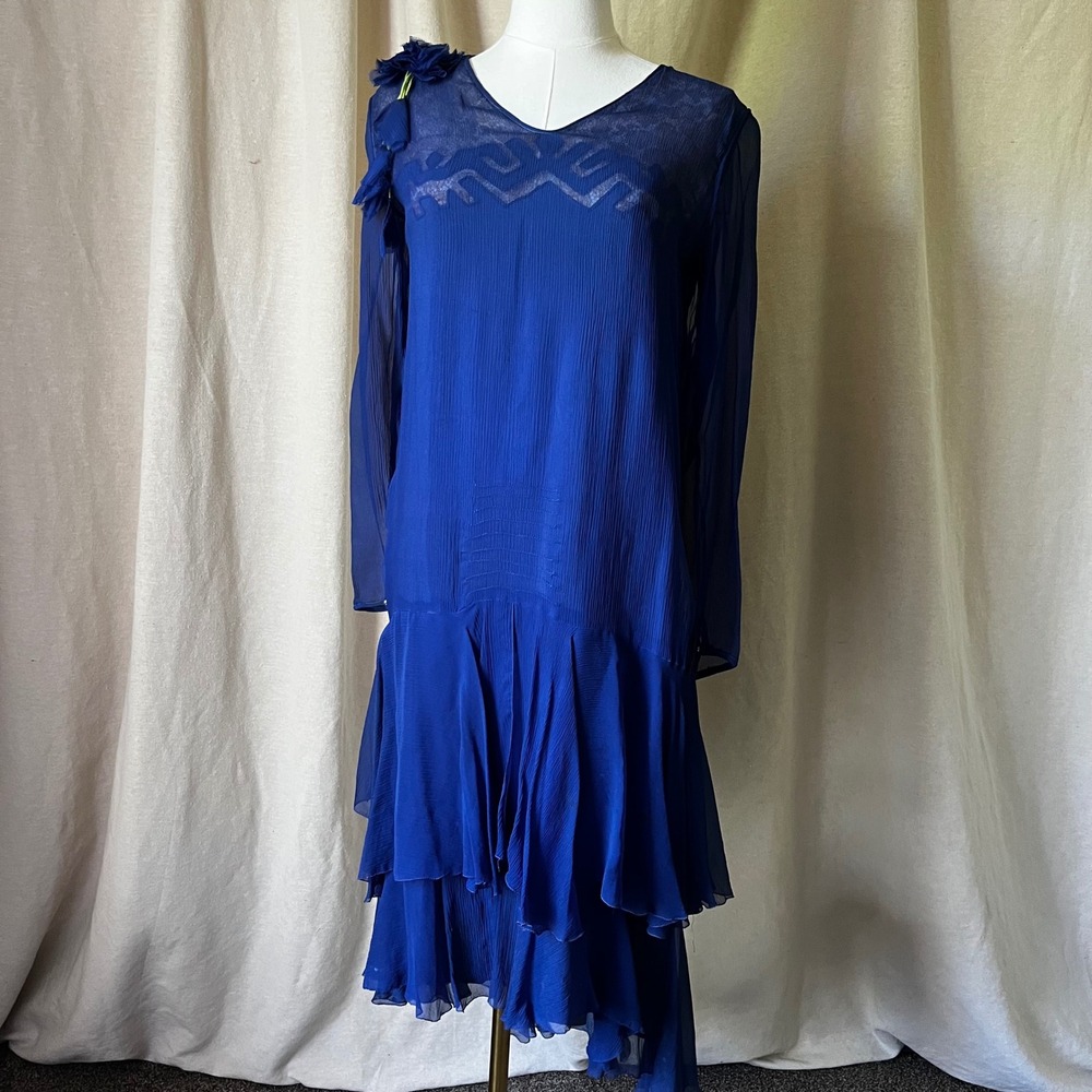 1920s 1930s‎ Cobalt Blue Chiffon Flapper Dress With Floral Shoulder Detail Small